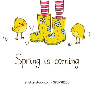 Spring greeting card with color rubber boots