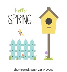 spring greeting card of cute birdhouse, fence, flowers and dragonfly, colored vector illustration, flat style
