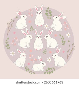 Spring greeting card with a cute bunnies, flowers and branches. Concept of holiday, joy, happiness. Ideal for banners, cards, posters, stickers, wall art print. Vector illustration in a flat style