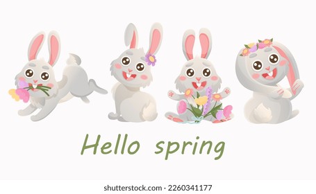 Spring greeting card with cute bunny, flowers. Vector rabbit character set. Animal wildlife holidays cartoon