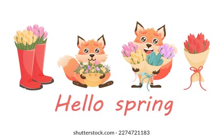 Spring greeting card and cute fox  flowers  Vector fox   flowers character set  Animal wildlife holidays cartoon 
