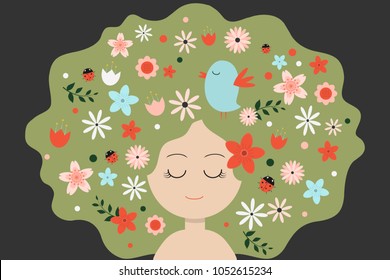 Spring greeting card. Cute girl with hair decorating with floral beetles and bird.