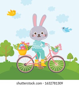 Spring greeting card. Cute rabbit rides a bicycle in a green meadow. Cute childish illustration. Spring nature landscape.