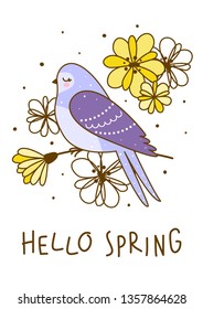 Spring greeting card with cute swallow and flowers