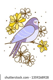 Spring greeting card with cute swallow and flowers isolated on w