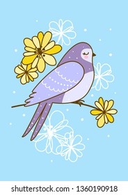 Spring greeting card with cute swallow and flowers on blue