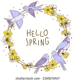 Spring greeting card with cute swallows and flowers on round fra