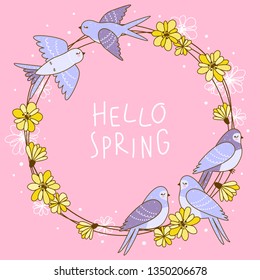 Spring greeting card with cute swallows and flowers on round frame