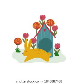 Spring greeting card with Easter Bunny. The idea of a festive Easter picture with a rabbit and a house. Doodle hand drawn nature for Easter in flat style. Happy spring holiday of Easter. Vector