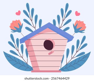 Spring greeting card element with birdhouse. Floral springtime hand drawn illustration.