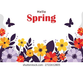 Tarjeta de felicitación de primavera con texto rojo "Primavera", flores vibrantes y acentos de mariposa púrpura.