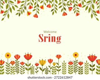 Tarjeta de felicitación de primavera con texto rojo de "Bienvenida Primavera", borde floral y enredaderas de hojas colgantes