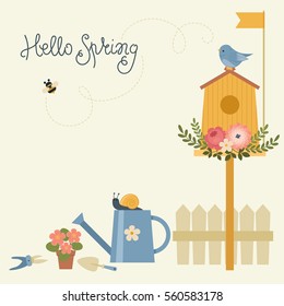 Spring greeting card. Floral birdhouse and bird, watering can with snail, garden tools, flowers, bumble bee. "Hello Spring" lettering.