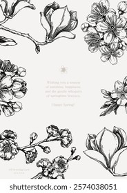 Spring greeting card. Floral wedding invite in sketch style. Hand-drawn botanical illustration. NOT AI genereted