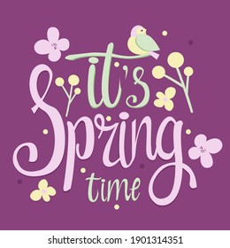 Frühlingskarte mit Blumen und süßem Vogel in Pastellfarben einzeln auf bordeauxfarbenem Hintergrund für süße Postkarte, Logo, für Einladungen, Visitenkarte. Es ist Frühlingszeit, die schreibt