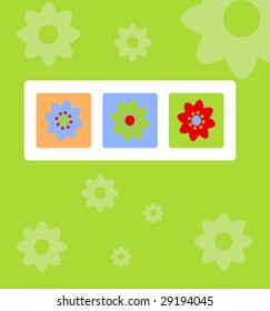Spring greeting card with flowers on green background