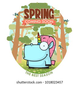 Spring greeting card with funny animal character.