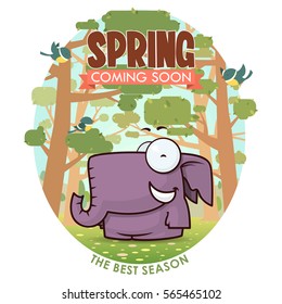 Spring greeting card with funny animal character. Vector illustration.