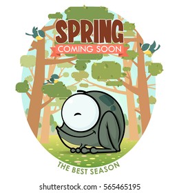 Spring greeting card with funny animal character. Vector illustration.