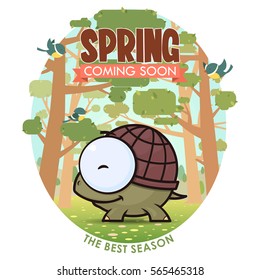 Spring greeting card with funny animal character. Vector illustration.