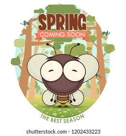 Spring greeting card with funny bee character.