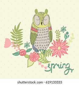 Spring. Greeting card with funny owl in vector.