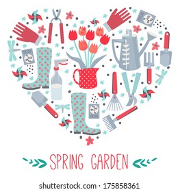 spring greeting card with gardening design elements