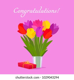 Spring greeting card with gift box. flat vector illustration isolated with inscription