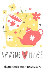 Spring greeting card. Hand drawn vector illustration with colorful flowers and lettering, isolated on white.