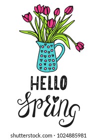 Spring greeting card. Hand drawn vector illustration with vintage lettering and flowers. Decorative elements for prints, posters.