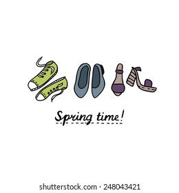 Spring greeting Card with Hand Drawn Shoes and Gumshoes