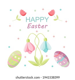 Spring greeting card Happy Easter. Vector graphics with Easter eggs, text and flowers. Colorful pattern for invitations, cards, banners, etc. cartoon, flat vector.