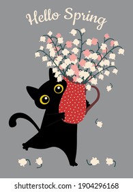 Spring greeting card Hello Spring. Black funny cat with a bouquet of cute lilies of the valley for printing on T-shirts, pillows, poster. Vector illustration.