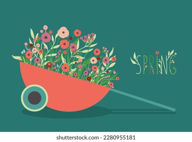 Spring greeting card. Illustration of the decorative flower bed in the garden wheelbarrow