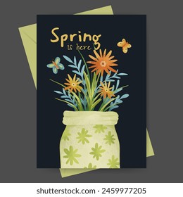 Spring greeting card with jar and flowers illustration. template for flyer  poster