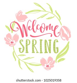 Spring greeting card with lettering and hand drawn flowers.