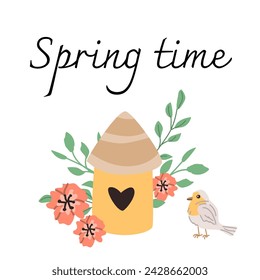 Tarjeta de felicitación de primavera con letras de primavera y pájaro petirrojo con flores. La ilustración vectorial se puede utilizar para la tarjeta postal, tarjeta de felicitación, etiqueta, póster. 