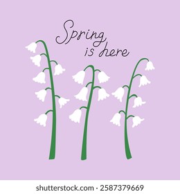 Spring greeting card with lily of the valley flowers and handwritten quote spring is here. Vector flat botanical illustration. Script calligraphic lettering