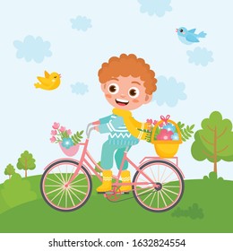 Spring greeting card. Little boy rides a bicycle in a green meadow. Cute childish illustration. Spring nature landscape.