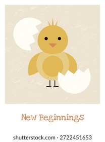 Cartão de saudação de primavera com recém-nascido pinto eclodindo de ovo e novo texto de começos. Ilustração minimalista em pastel.