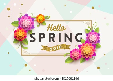 Tarjeta de saludo de primavera con marco ornamental y flores sobre un fondo abstracto.