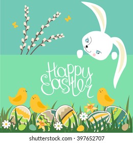 Spring greeting card. Phrase Happy Easter. Painted eggs, grass, spring flowers, rabbit and chickens. Template for your design, festive greeting cards,  announcements, posters.