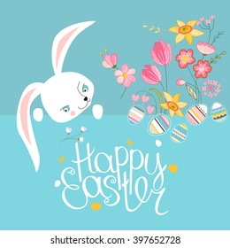 Tarjeta de saludo de primavera. Frase Feliz Pascua. Flores de primavera, tulipanes, huevos y conejo. Plantilla para su diseño, tarjetas de felicitación festivas, anuncios, carteles.