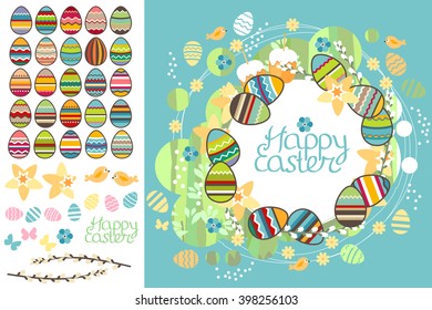 Spring greeting card. Phrase Happy Easter. Spring flowers, eggs and butterflies. Template for your design, festive greeting cards,  announcements, posters.