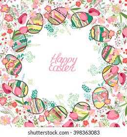 Spring greeting card. Phrase Happy Easter. Spring flowers, eggs and butterflies. Template for your design, festive greeting cards,  announcements, posters.