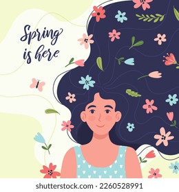 Spring greeting card or postcard template with beautiful woman and flowers. Lovely cute illustration for 8 March, Women's Day celebration.