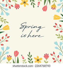 Tarjeta de saludo de primavera o plantilla de postal con flores de ramo. Bonita ilustración para el 8 de marzo, celebración del Día de la Mujer.