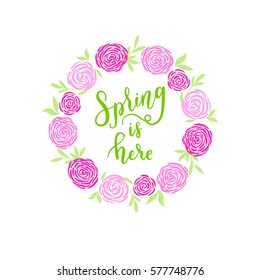 Spring greeting card, poster with border, wreath, garland. Vector holiday background with hand lettering.