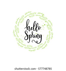 Spring greeting card, poster with border, wreath, garland. Vector holiday background with hand lettering.