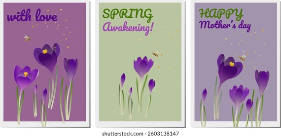 Spring Greeting Card Set — Crocus Flowers and Bees